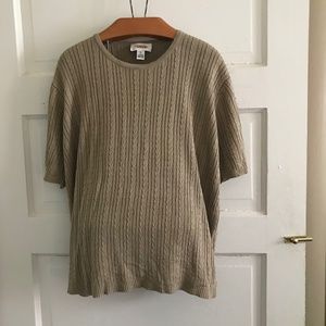 Talbots vintage tan beige S/S cable knit crewneck Sweater Shell 100% Silk XL